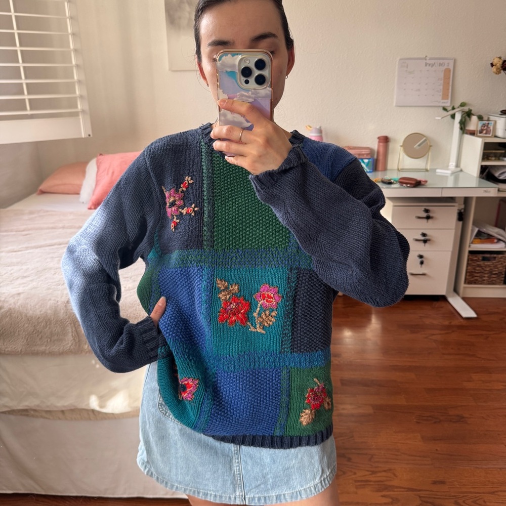Women's Navy and Green Patchwork Floral Knit Sweater